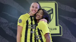Super Falcons defender Ashleigh Plumptre and Francisca Ordega