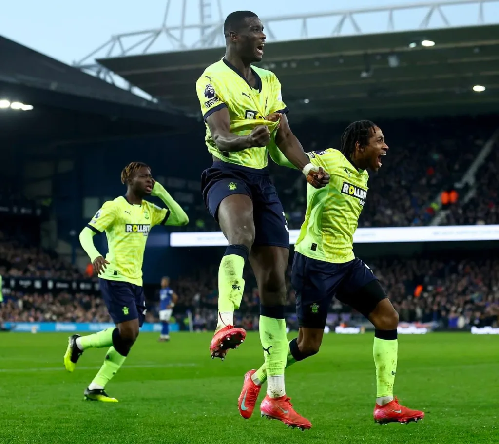 Paul Onuachu celebrating his second Premier League goal of the season
