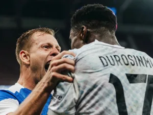 Rafiu Durosinmi celebrates Champions League penalty for Viktoria Plzen