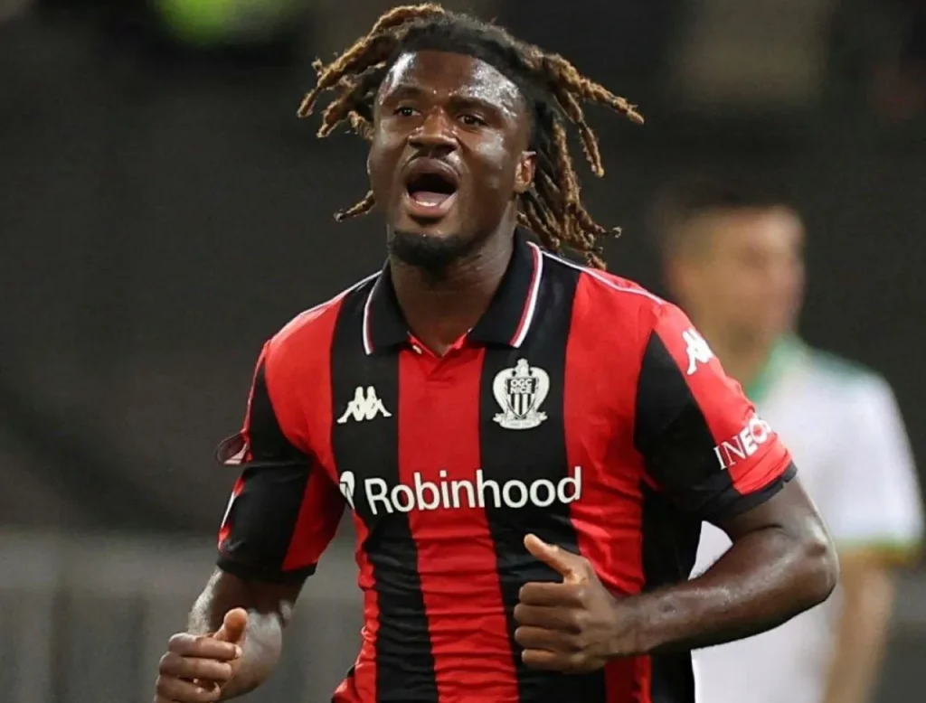 Terem Moffi celebrates after goal in Nice’s Europa League defeat
