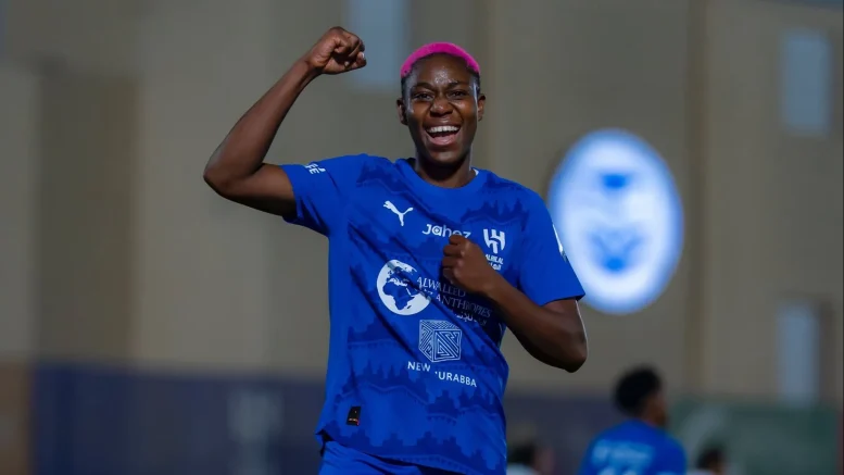 Asisat Oshoala celebrates goal for Al Hilal in Saudi Women’s Challenge Cup