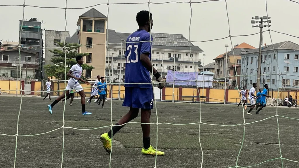 FC Middlewell players celebrating Salaudeen goal in friendly game