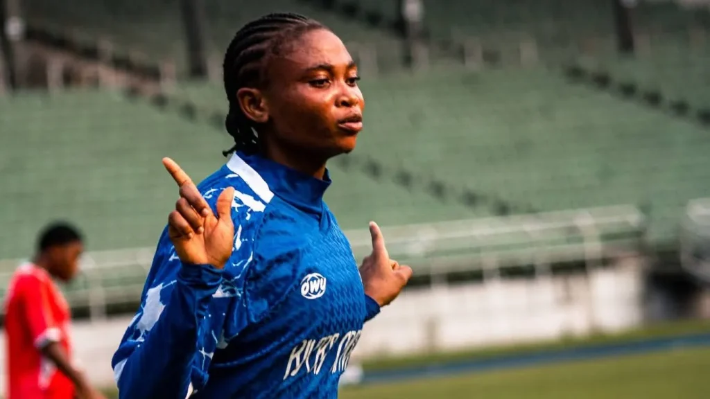 Abasiofon Uwah celebrating a goal for Rivers Angels in NWFL Premiership