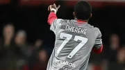 David Okereke celebrating his first goal for Cremonese against Fiorentina