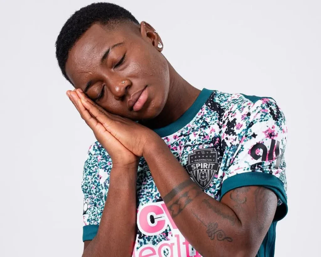 Deborah Abiodun wearing Washington Spirit Cherry Blossom inspired jersey