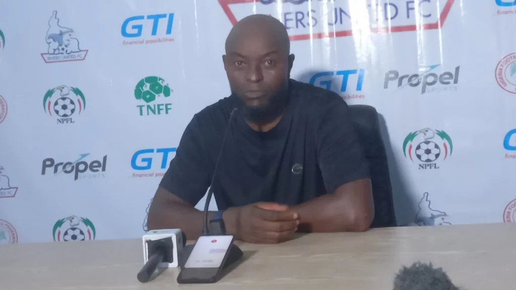 Finidi George reacts during Rivers United NPFL match