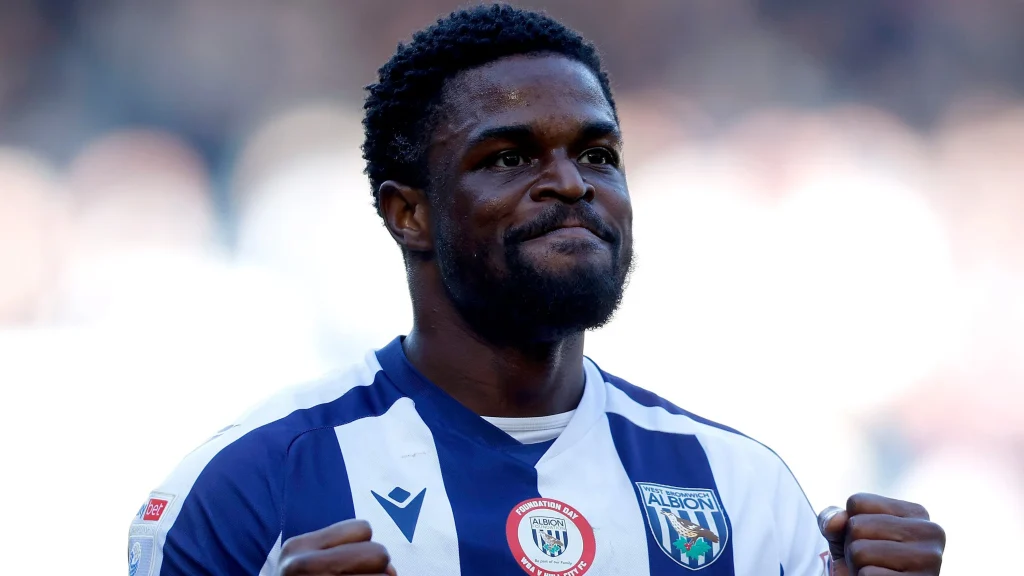 Josh Maja celebrates after scoring in West Brom Championship win