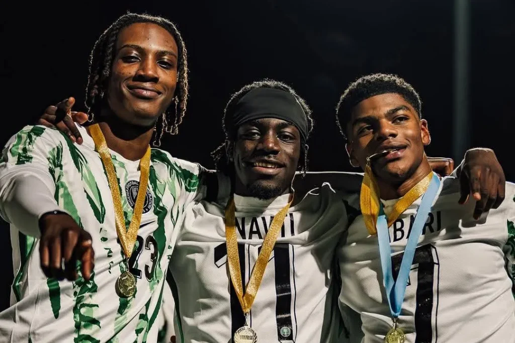 Nigeria players celebrate after beating Ghana in Nottingham King of the West Trophy match