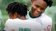 Nigerian forward Olamide Adugbe celebrating her brace for MFA Žalgiris