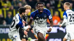 Super Eagles forward Philip Otele celebrating his first goal for Hamburger SV