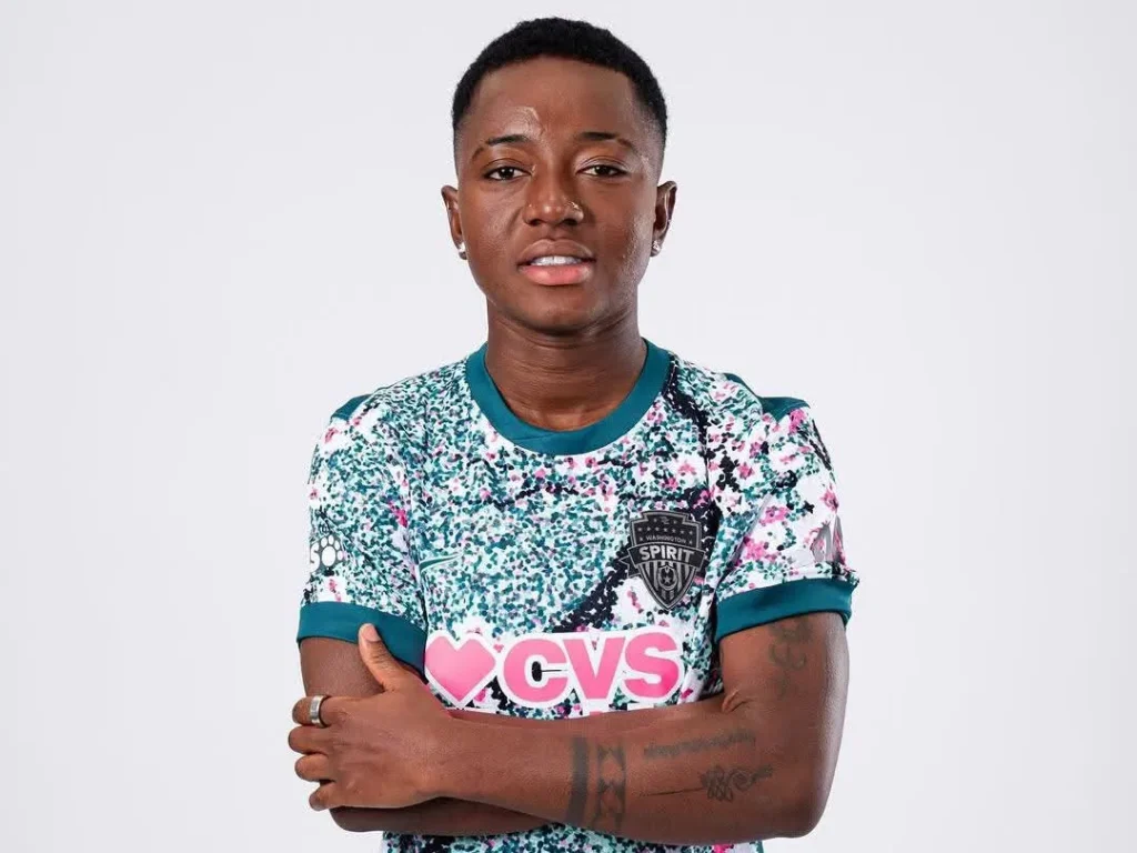 Super Falcons star Deborah Abiodun wearing Washington Spirit Cherry Blossom inspired jersey