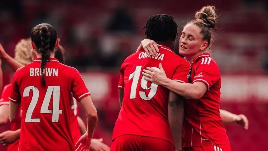 Super Falcons star Joy Omewa celebrating goal against IPswich Town