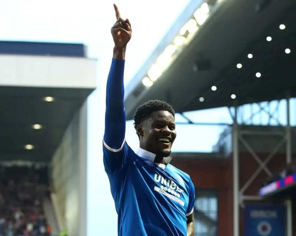 Tochi Chukwuani scoring against Aberdeen at Ibrox
