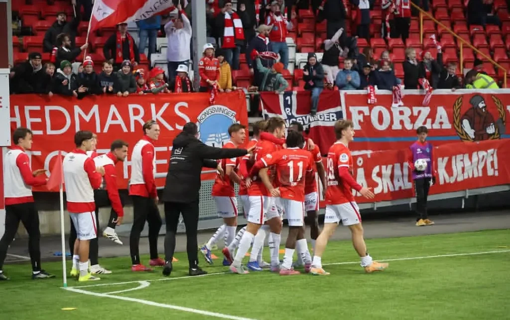 Daniel Job celebrating his goal for Kongsvinger vs Bryne FK