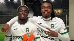 Emmanuel Ayaosi and Lucky Ezeh celebrate key moment in Super Eagles debate game