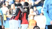 Hilary Gong and Philip Azango celebrate goal for Spartak Trnava