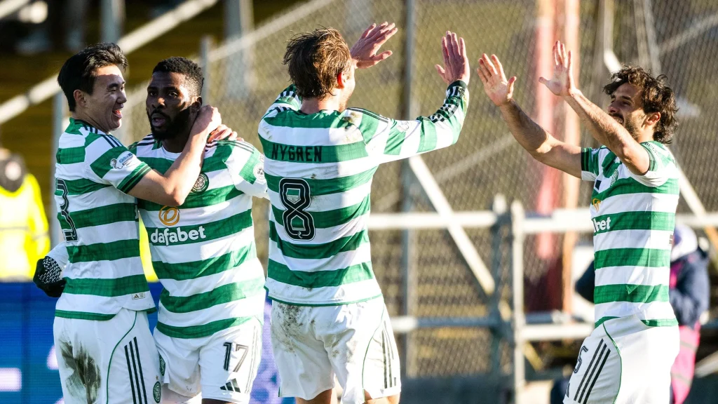Kelechi Iheanacho celebrating his goal with Celtic teammates