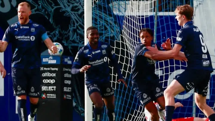 Promise Meliga celebrates goal for Kristiansund vs Fredrikstad