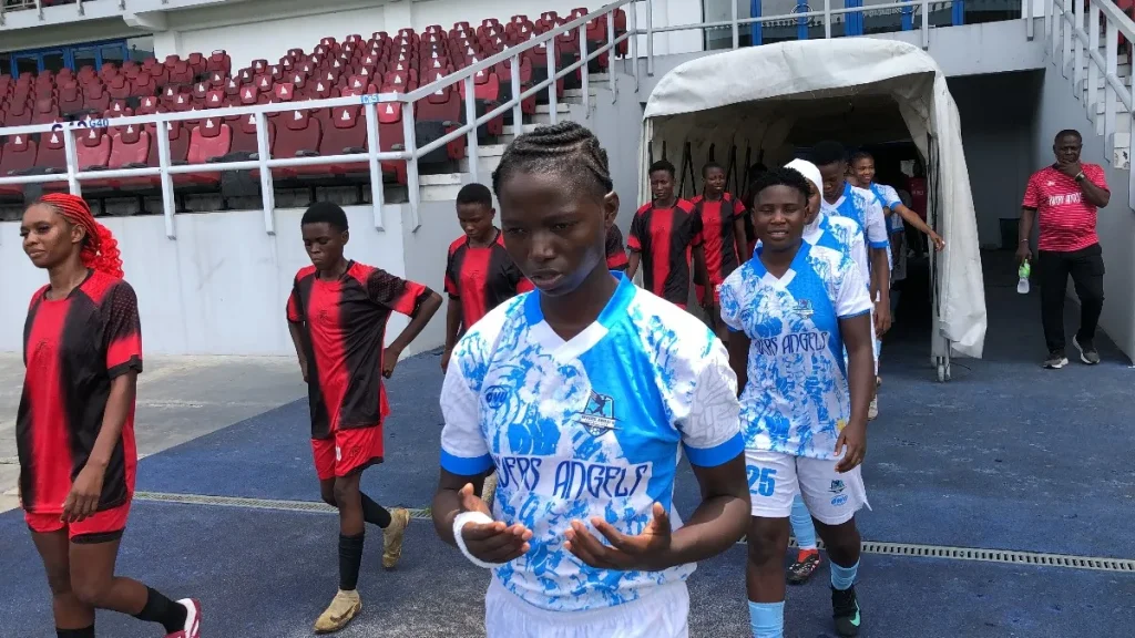 Rivers Angels players lift 2026 Rivers State FA Cup trophy