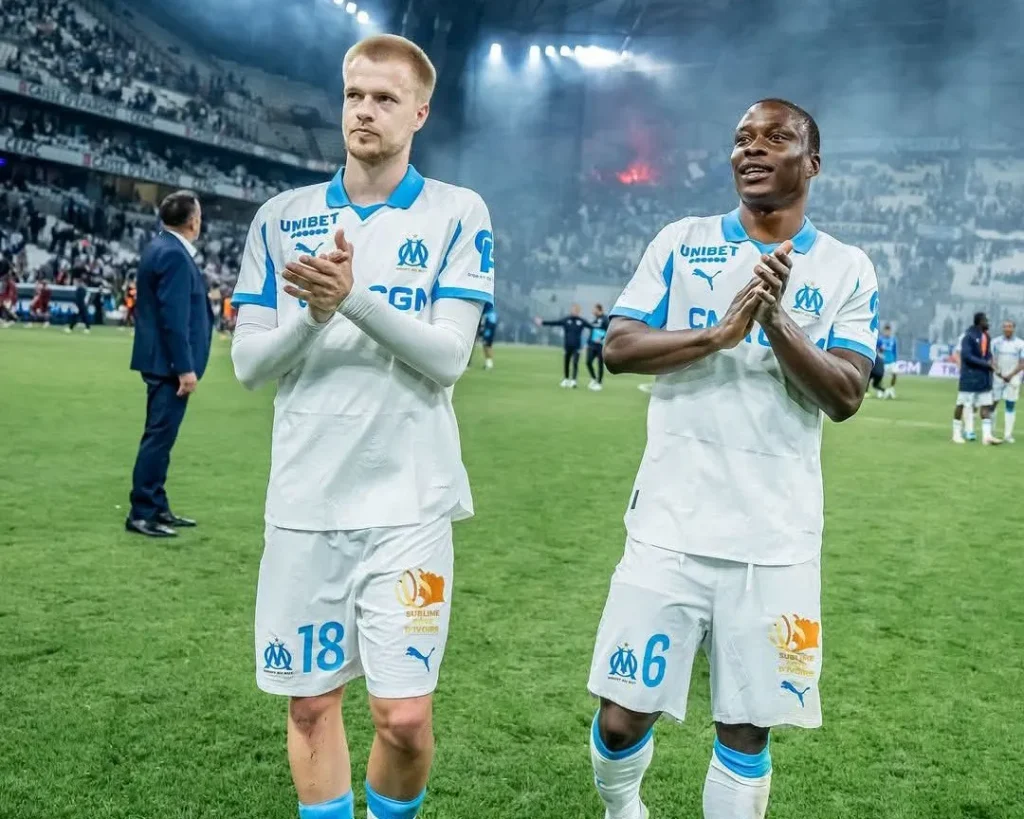Tochukwu Nnadi celebrating assist on Marseille debut