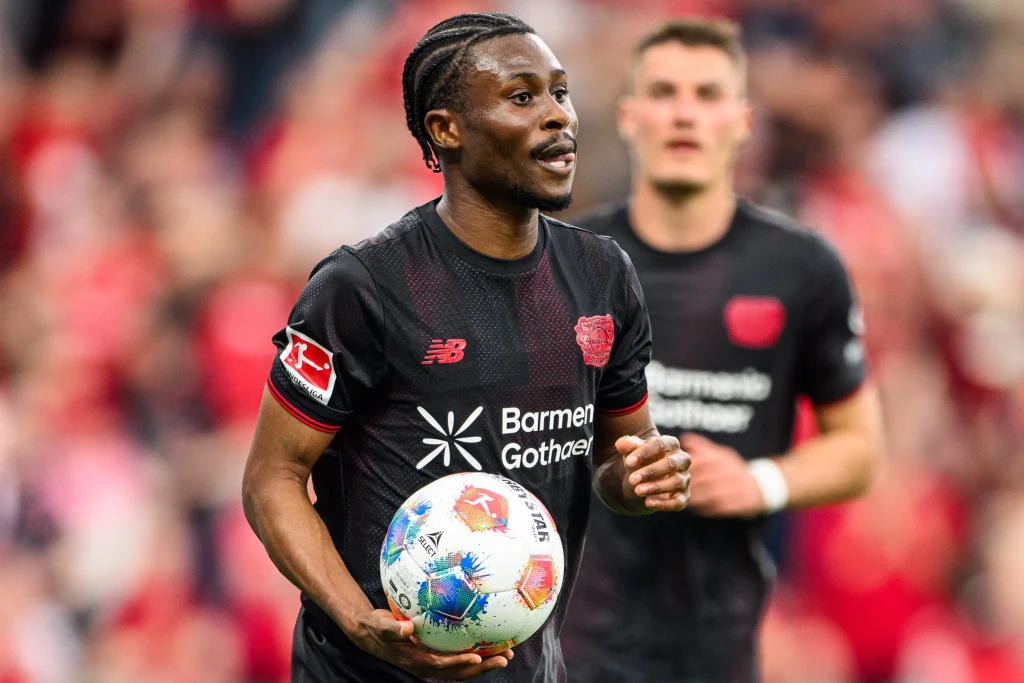 Nathan Tella celebrating his first league goal and assist for Bayer Leverkusen